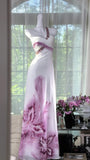 Ndyad One Shoulder Printed Chiffon Sheath Long Prom Dresses Vintage Formal Dresses HZ1024
