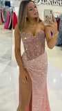 Ndyad Pink Sweetheart Sheath Evening Gowns Sparkly Sequin Slit Prom Dresses Wedding Guest Dress HZ1024
