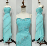 Ndyad Sky Blue Formal Dress Spaghetti Straps Sheath Long Evening Gowns Glitter Elegant Beaded Prom Dresses HZ1024