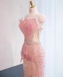 Ndyad Pink Mermaid Formal Dress Tulle Sequins Sweet 16 Dress Strapless Prom Dress with Rhinestones HZ1024