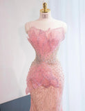 Ndyad Pink Mermaid Formal Dress Tulle Sequins Sweet 16 Dress Strapless Prom Dress with Rhinestones HZ1024