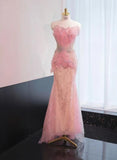 Ndyad Pink Mermaid Formal Dress Tulle Sequins Sweet 16 Dress Strapless Prom Dress with Rhinestones HZ1024