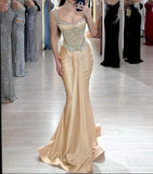 Ndyad Champagne Mermaid Formal Evening Gowns Spaghetti Straps Satin Corset Rhinestone Party Dresses Elegant Graduation Prom Dresses HZ1024