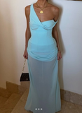 Ndyad Blue One Shoulder Corset Two Piece Suit Formal Dress Fashion Birthday Outfit Party Dress HZ1024