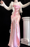 Ndyad Pink Strapless Sheath Formal Evening Dress Satin Applique Vintage Birthday Dress HZ1024