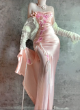 Ndyad Pink Strapless Sheath Formal Evening Dress Satin Applique Vintage Birthday Dress HZ1024