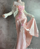 Ndyad Pink Strapless Sheath Formal Evening Dress Satin Applique Vintage Birthday Dress HZ1024