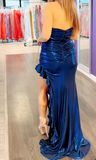 Ndyad Navy Blue Graduation Dress Sweetheart Bodycon Formal Dresses Stylish Pleated Prom Dresses HZ1024