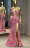Ndyad Pink One Shoulder Mermaid Evening Gowns Beaded Slits Long Prom Dresses Elegant Formal Dresses HZ1024