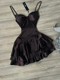 Ndyad Dark Brown Spaghetti Strap Short Party Dress Satin A-Line 16th Birthday Outfit Middle School Hoco Dresses HZ1024