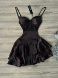 Ndyad Dark Brown Spaghetti Strap Short Party Dress Satin A-Line 16th Birthday Outfit Middle School Hoco Dresses HZ1024