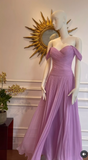 Ndyad Purple Off Shoulder Long Prom Dresses Pleated Sheath Formal Dress Guest Dress with Shawl HZ1024