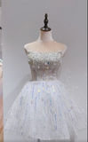 Ndyad White Strapless Short Ball Gown Tulle Sequin Homecoming Dress Sweet 16 Dress HZ1024