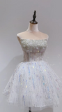 Ndyad White Strapless Short Ball Gown Tulle Sequin Homecoming Dress Sweet 16 Dress HZ1024
