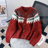 Evafashion Horn Button Fair Isle Thick Knit Cardigan HZ1024