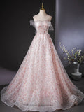 Evafashion Tulle Lace Sequin Pink Long Prom Dress, Pink Long Graduation Dress HZ1024
