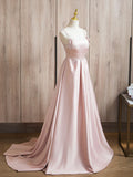 Evafashion Satin Beads Pink Long Prom Dress, Pink Long Formal Dress HZ1024