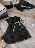 Ndyad Black Strapless A-Line Short Birthday Party Dress Layered Tulle Homecoming Dress Elegant Graduation Dress HZ1024