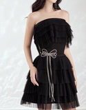 Ndyad Black Strapless A-Line Short Birthday Party Dress Layered Tulle Homecoming Dress Elegant Graduation Dress HZ1024