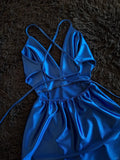 Ndyad Royal Blue Spaghetti Straps A-Line Satin Backless Short Pool Party Dress V-Neck Short 16th Birthday Outfit Middle School Hoco Dresses HZ1024