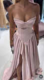 Ndyad Pink Strapless Long Ball Gown Satin Slit Formal Dress Graduation Prom Dresses Sweet 16 Dress HZ1024