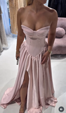 Ndyad Pink Strapless Long Ball Gown Satin Slit Formal Dress Graduation Prom Dresses Sweet 16 Dress HZ1024