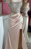 Ndyad Pink Strapless Sheath Long Slit Evening Gown Sparkly Beaded Satin Prom Dress Sweet 18th Birthday Outfit HZ1024