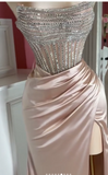 Ndyad Pink Strapless Sheath Long Slit Evening Gown Sparkly Beaded Satin Prom Dress Sweet 18th Birthday Outfit HZ1024