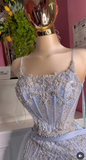 Ndyad Blue Spaghetti Straps A-Line Beading Appliques Long Prom Dress Slit Tulle Evening Gown Quincea?era Dress HZ1024