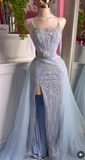 Ndyad Blue Spaghetti Straps A-Line Beading Appliques Long Prom Dress Slit Tulle Evening Gown Quincea?era Dress HZ1024
