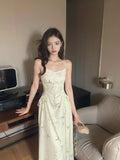 Evafashion Chinese bamboo print satin pleated waist suspender dress HZ1024