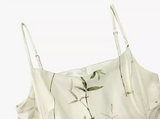 Evafashion Chinese bamboo print satin pleated waist suspender dress HZ1024