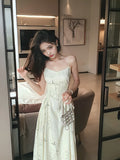 Evafashion Chinese bamboo print satin pleated waist suspender dress HZ1024