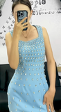 Ndyad Blue Square Sheath Satin Evening Gowns Rhinestone Guest Dress Sparkly Birthday Dress HZ1024
