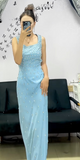 Ndyad Blue Square Sheath Satin Evening Gowns Rhinestone Guest Dress Sparkly Birthday Dress HZ1024