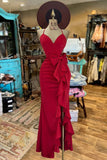 Ndyad Burgundy Sweetheart Sheath Chiffon Slits Party Dresses Modest Ruffles Formal Dresses Graduation Prom Dresses HZ1024