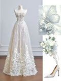 Ndyad Strapless Beaded Tulle Long Wedding Dress with Beaded Sparkly Lace Ball Gown Quincea?era Dress HZ1024