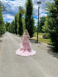 Ndyad Pink Off Shoulder Ball Gown Layered Tulle Long Quinceanera Dress Graduation Prom Dresses HZ1024