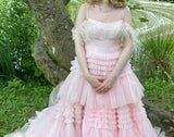 Ndyad Pink Off Shoulder Ball Gown Layered Tulle Long Quinceanera Dress Graduation Prom Dresses HZ1024