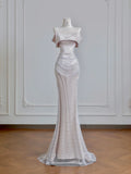 Ndyad Champagne Formal Dresses Mermaid Prom Dresses Elegant Metal Mesh Long Off-the-Shoulder Evening Gowns HZ1024