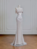 Ndyad Champagne Formal Dresses Mermaid Prom Dresses Elegant Metal Mesh Long Off-the-Shoulder Evening Gowns HZ1024