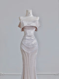Ndyad Champagne Formal Dresses Mermaid Prom Dresses Elegant Metal Mesh Long Off-the-Shoulder Evening Gowns HZ1024