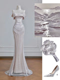 Ndyad Champagne Formal Dresses Mermaid Prom Dresses Elegant Metal Mesh Long Off-the-Shoulder Evening Gowns HZ1024
