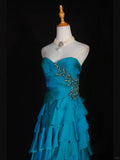 Ndyad Blue Sweetheart Neck Tiered Ball Gown Beaded Chiffon Formal Dresses Modest Evening Gowns HZ1024