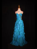 Ndyad Blue Sweetheart Neck Tiered Ball Gown Beaded Chiffon Formal Dresses Modest Evening Gowns HZ1024