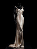 Ndyad Champagne Mermaid Long Evening Gowns Satin Elegant V-neckProm Dresses Bridesmaid Dresses with Tassels HZ1024