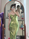 Ndyad Green Bodycon Birthday Dress Satin Elegant Spaghetti Strap Evening Dress Backless Wedding Guest Dress HZ1024