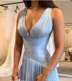 Ndyad Blue V-neck Evening Gowns Chiffon Elegant Ball Gown Wedding Guest Dress Graduation Prom Dress HZ1024