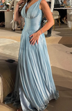 Ndyad Blue V-neck Evening Gowns Chiffon Elegant Ball Gown Wedding Guest Dress Graduation Prom Dress HZ1024