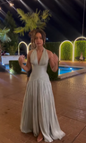 Ndyad Blue V-neck Evening Gowns Chiffon Elegant Ball Gown Wedding Guest Dress Graduation Prom Dress HZ1024